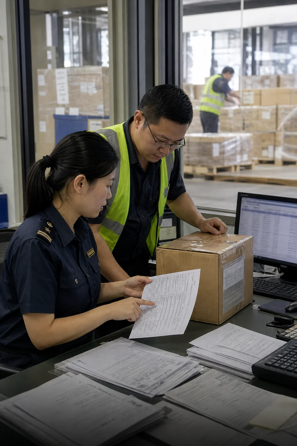 货运查验与单证核对人员在操作区审核申报资料和箱件的通用场景